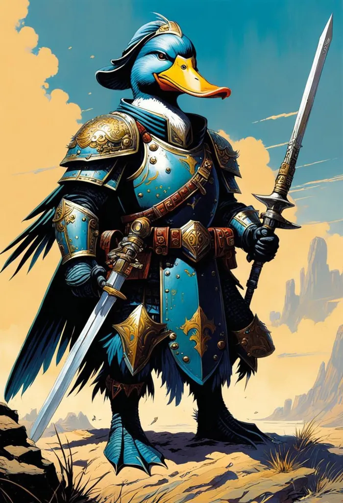 This image shows a duck wearing a suit of armor and wielding a sword. The duck is standing in a field, with a forest in the background. The duck is wearing a blue and gold suit of armor, and has a sword in its right hand. The duck is standing on two legs, and has a determined expression on its face.