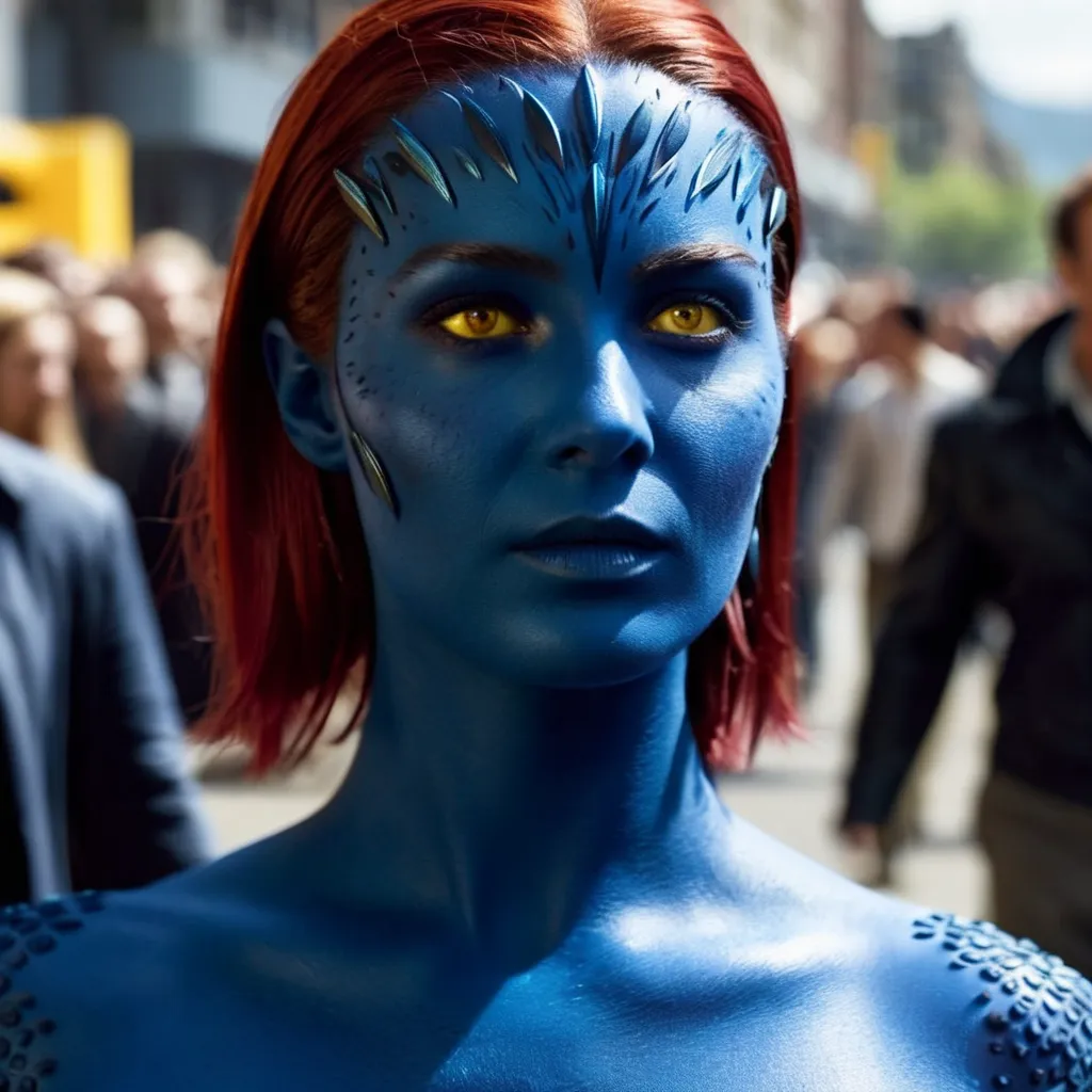 The picture shows a young woman with red hair and blue skin. She is wearing a blue and yellow outfit. Her eyes are yellow and she has a serious expression on her face. She is standing in a crowd of people.