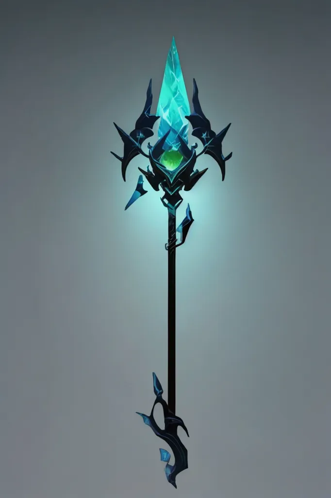 The image shows a magical staff. The staff is made of a dark metal and has a large, glowing blue crystal at the top. The crystal is surrounded by four sharp spikes. The staff is also decorated with several smaller crystals and has a leaf-like design at the bottom.