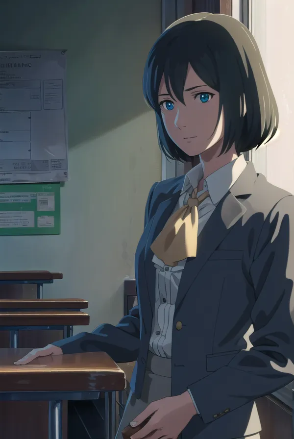 A young woman with short black hair and blue eyes is standing in a classroom. She is wearing a white shirt, a yellow bow tie, and a blue blazer. She has one hand resting on a desk and the other hand holding a pen. She is looking at the viewer with a serious expression.