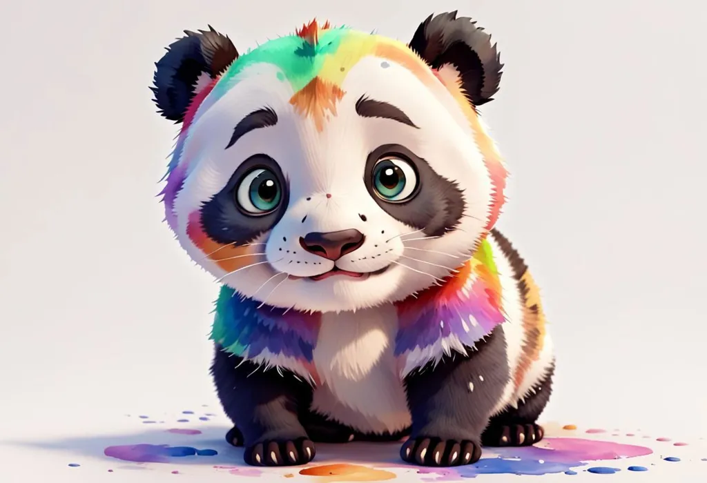 The image is a cartoon panda. It has black ears, a black nose, and black circles around its eyes. Its fur is white. There are some rainbow-colored stripes on its head, back, and paws. The panda is sitting on a white background, surrounded by colorful paint splatters.