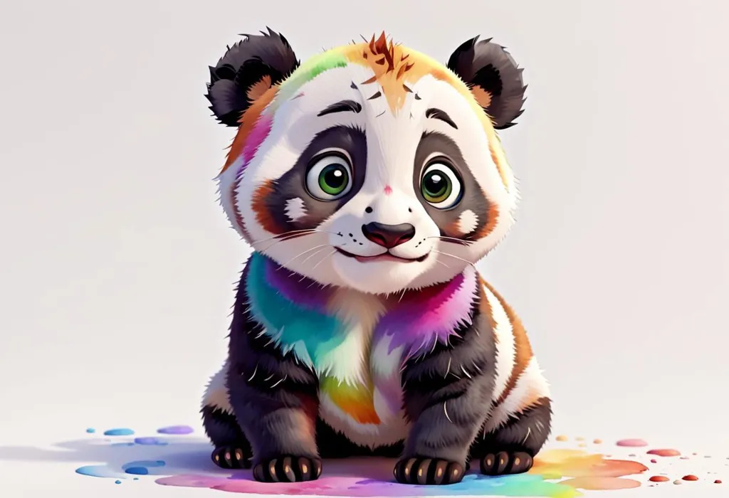 The image is a cartoon panda. It has black ears, a black nose, and black circles around its eyes. Its fur is white, and it has a rainbow-colored patch of fur on its chest. It is sitting on a puddle of rainbow-colored liquid. The background is white. The panda is smiling and has a happy expression on its face.