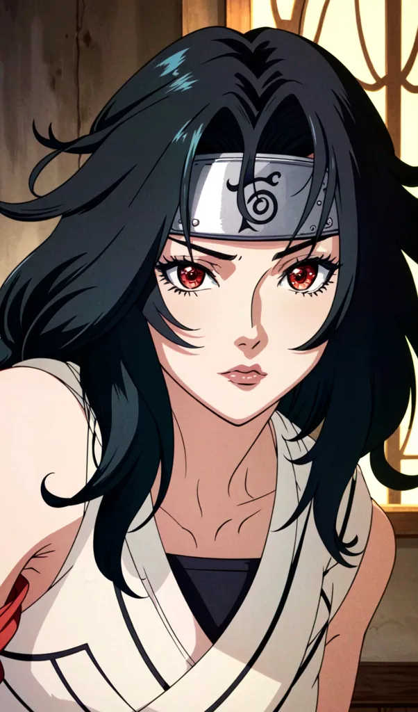 This image shows a kunoichi from the anime series Naruto. She has long black hair, red eyes, and a headband with the symbol of the Hidden Leaf Village. She is wearing a white sleeveless shirt and a black vest. She has a serious expression on her face.