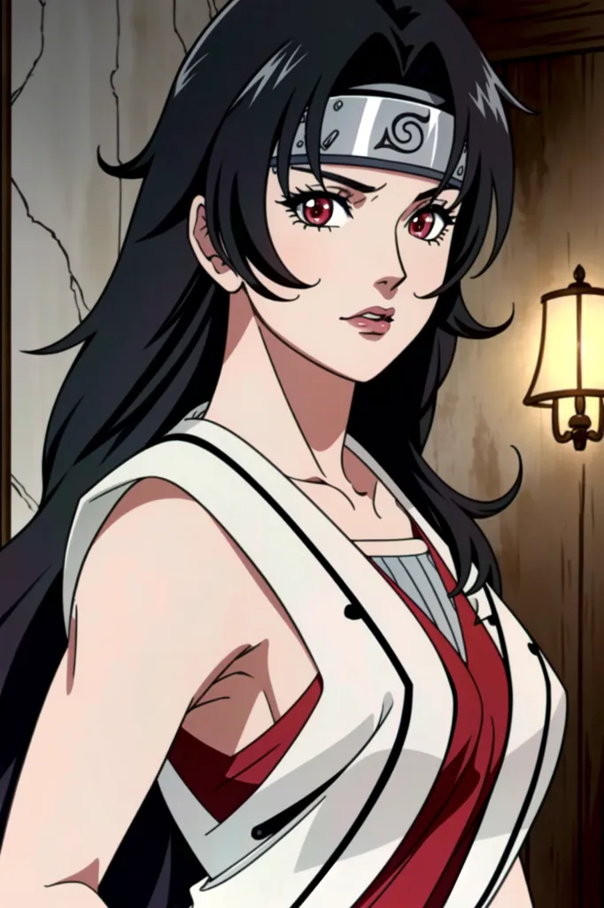 The image shows a kunoichi from the anime series Naruto. She has long black hair, red eyes, and a headband with the symbol of the Hidden Leaf Village. She is wearing a white and red outfit, and she has a serious expression on her face.