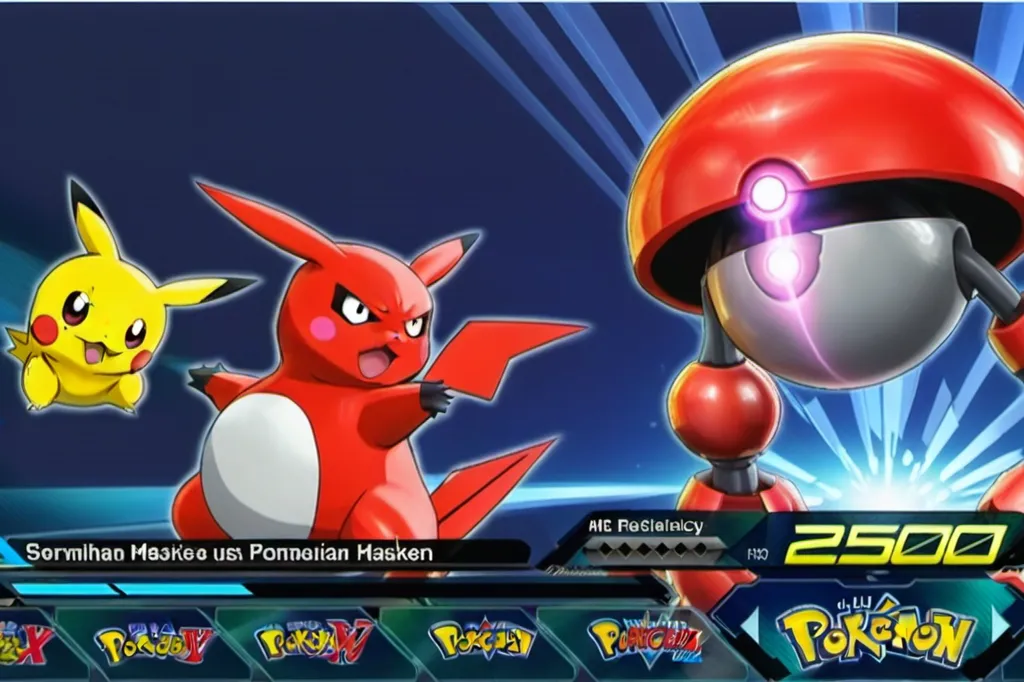 The image shows a scene from a Pokemon video game. There are three Pokemon characters on the screen. On the left is a yellow Pikachu, in the middle is a red and white colored Pokemon, and on the right is a red and white colored robot. The background is blue and there are various buttons and menus on the screen.