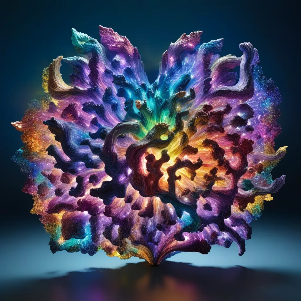 The image is a 3D rendering of a colorful, abstract object that resembles a flower. The object is made up of many small, interconnected branches that are arranged in a radial pattern. The branches are brightly colored, with a gradient that goes from purple and blue at the center to yellow and orange at the edges. The object is set against a dark blue background.