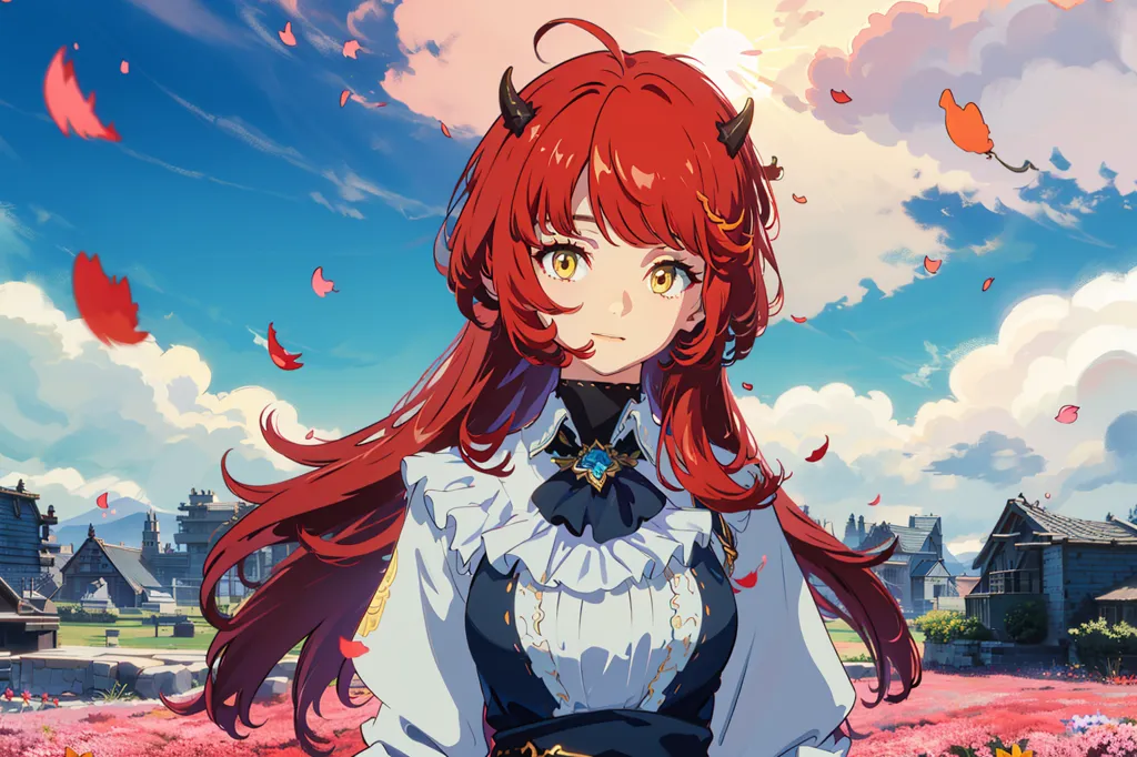 This image shows a young woman with long red hair and yellow eyes. She is wearing a white blouse with a blue vest and has a red gem on her chest. She also has two small horns on her head. She is standing in a field of red flowers and there is a town in the background. The sky is blue and there are some clouds in the sky.