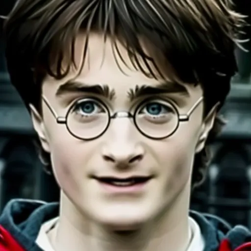 This is a picture of Harry Potter, a fictional character in a book series written by J.K. Rowling. He is a young wizard who attends Hogwarts School of Witchcraft and Wizardry. He is known for his distinctive lightning bolt-shaped scar on his forehead. In this picture, he is wearing his signature round glasses and a red and yellow striped scarf.