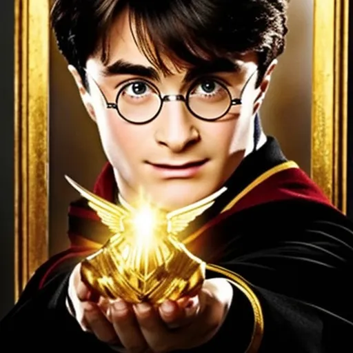 The image shows Harry Potter, a character from the Harry Potter series. He is wearing his Hogwarts uniform and holding a golden snitch in his hand. He has a scar on his forehead and is looking at the viewer with a determined expression. The background is a dark color.