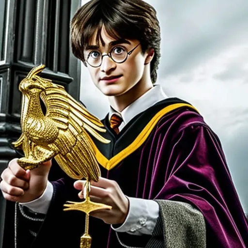 This image shows Harry Potter, a character from the Harry Potter series. He is standing in front of a stone column. He is wearing his Hogwarts uniform, which consists of a black robe and a purple sweater. He is also wearing glasses. He is holding a golden snitch in his right hand. The snitch is a small, golden ball with wings that is used in the game of Quidditch.