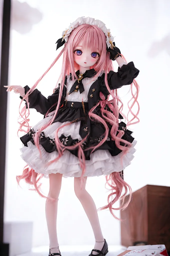 The image shows a doll with pink hair and blue eyes. She is wearing a black and white dress with a pink bow. She is also wearing black shoes. The doll is standing on a white table. There is a white background behind the doll.