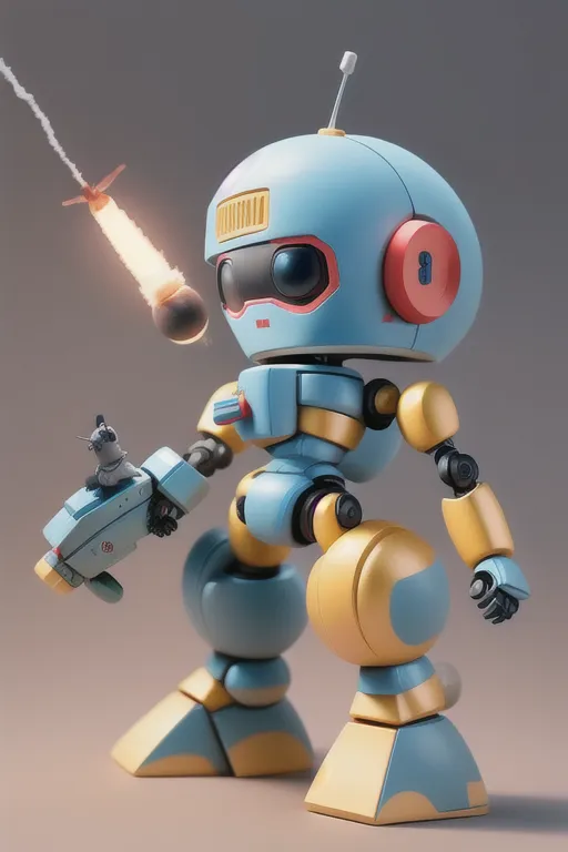 The image shows a small blue and yellow robot. The robot has a round head with a single eye and a mouth. It has two arms and two legs. The robot is holding a gun in its right hand and a cat in its left hand. A missile is flying towards the robot from the left side of the image. The robot is standing on a gray surface. The background is a light gray color.