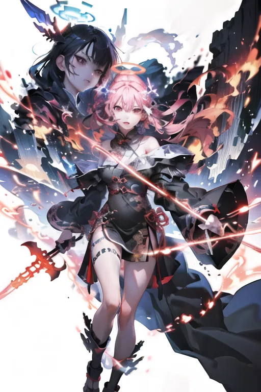 There are two anime girls in the picture. The girl on the left has black hair and red eyes. She is wearing a black and red dress. She is also holding a red and black sword. The girl on the right has pink hair and blue eyes. She is wearing a black and pink dress. She is also holding a black and pink sword. There is a white background with red and black fire-like effects around the girls.