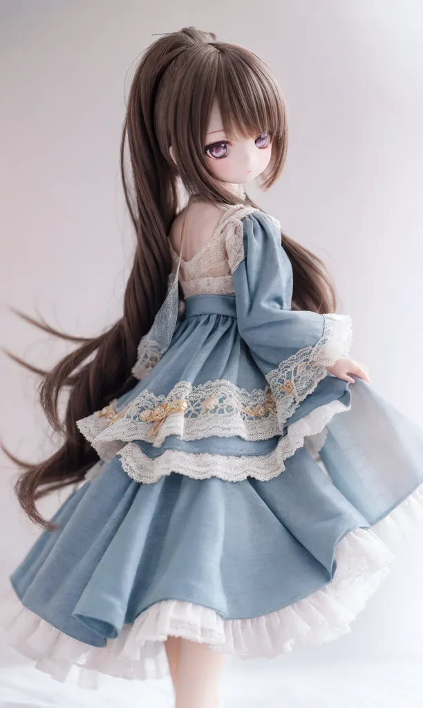 The image shows a doll with long brown hair and purple eyes. She is wearing a blue and white dress with a long skirt and a white petticoat. The dress has a lace overlay with gold accents. The doll is standing on a white background and is looking over her shoulder at the viewer.