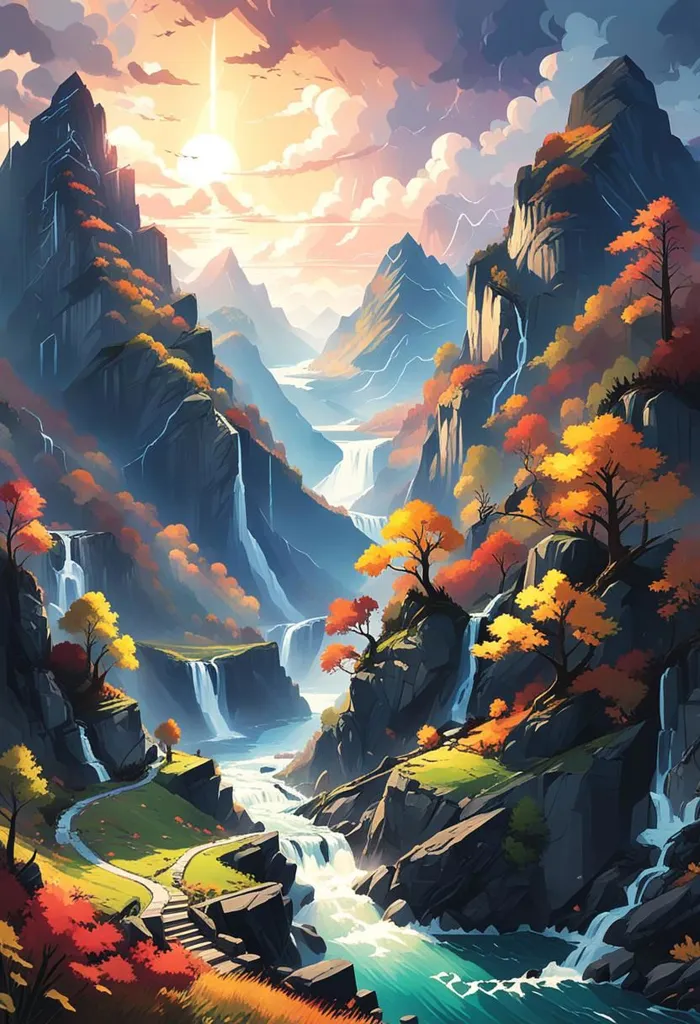 The image is of a mountain landscape. There are several mountains in the background, with a river running through the middle of them. The mountains are covered in snow. The river is wide and blue. There are some trees on the banks of the river. The trees are in full bloom. There is a path on the left side of the river. There is a small waterfall on the right side of the river. The sky is blue and there are some clouds in the sky.