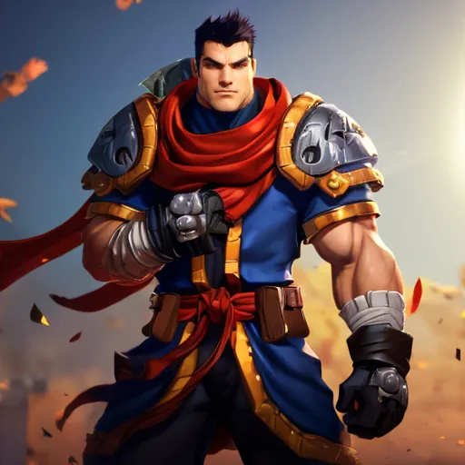 This is a picture of a warrior. He is wearing a blue tunic and brown pants. He has a red scarf around his neck and a sword in his hand. He is standing in a confident pose, ready to fight. The background is a blur of color, suggesting that he is in the middle of a battle.