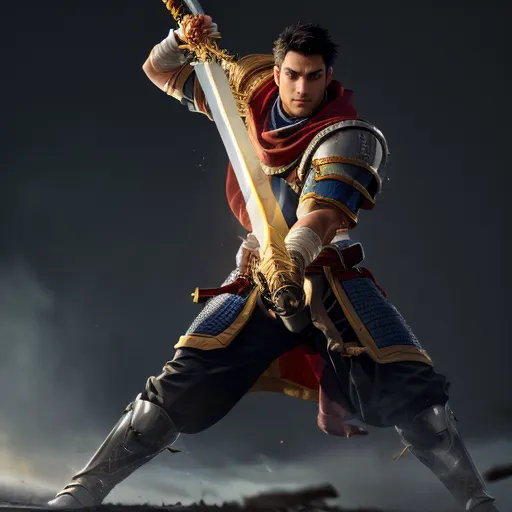 This is a picture of a man holding a sword. He is dressed in a blue and red outfit. He has a determined look on his face. He looks like he is ready to fight. The background is dark and there are clouds in the distance.