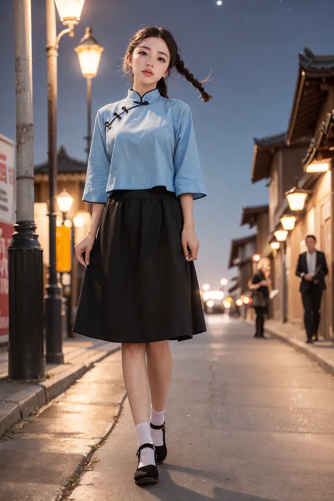 The image shows a young woman wearing a blue cheongsam-style top and a black pleated skirt. She has her hair in a long braid and is wearing white socks and black shoes. She is standing on a street with traditional Chinese architecture and paper lanterns. There are people walking in the background. The image is warm and inviting, and it captures the beauty of the woman and her surroundings.