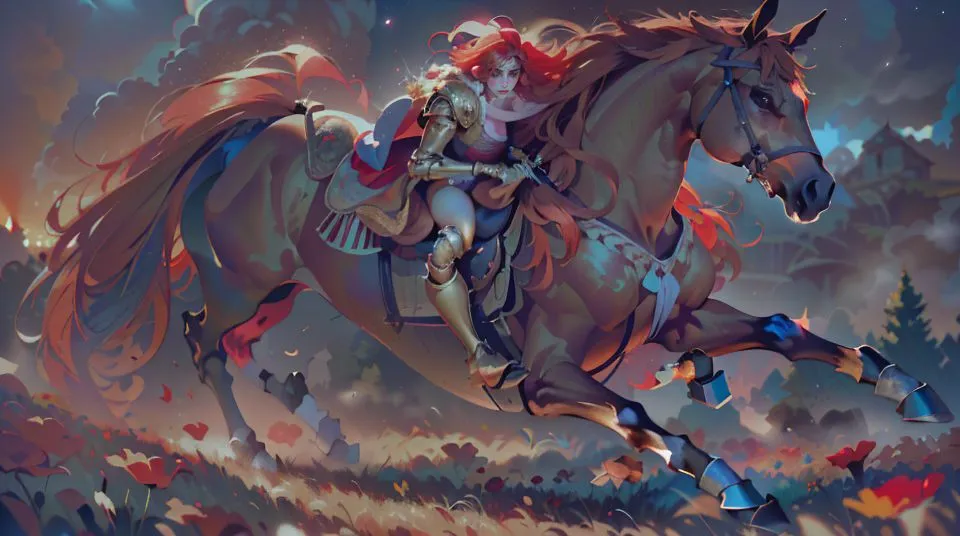 A valiant warrior rides a majestic horse through a battlefield. The warrior is dressed in gleaming armor and wields a mighty sword. The horse is strong and muscular, and its hooves pound the ground with power. The warrior and horse are surrounded by the chaos of battle, but they are determined to fight on.