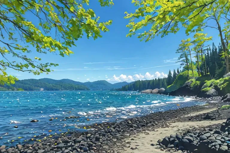 The image shows a beautiful seascape. The water is a deep blue color and the waves are gently crashing against the shore. The sky is clear and blue with a few white clouds. There are green trees and shrubs on the shore. The overall effect is one of peace and tranquility.