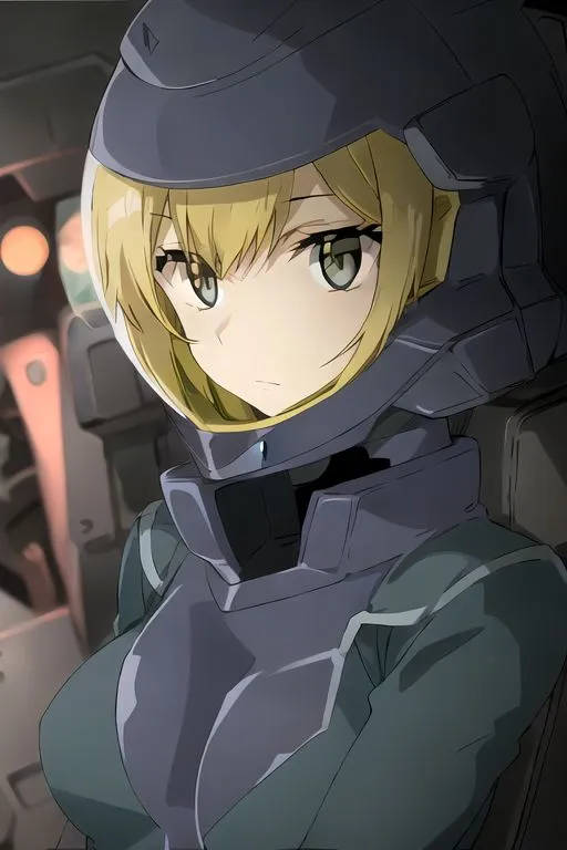 This is a picture of a young girl in a spacesuit. She has short blonde hair and green eyes. She is sitting in a cockpit, looking out at the view in front of her. The girl is wearing a spacesuit with a helmet. The spacesuit is dark grey with light grey and yellow details. The helmet has a clear visor. The girl's expression is serious and determined.