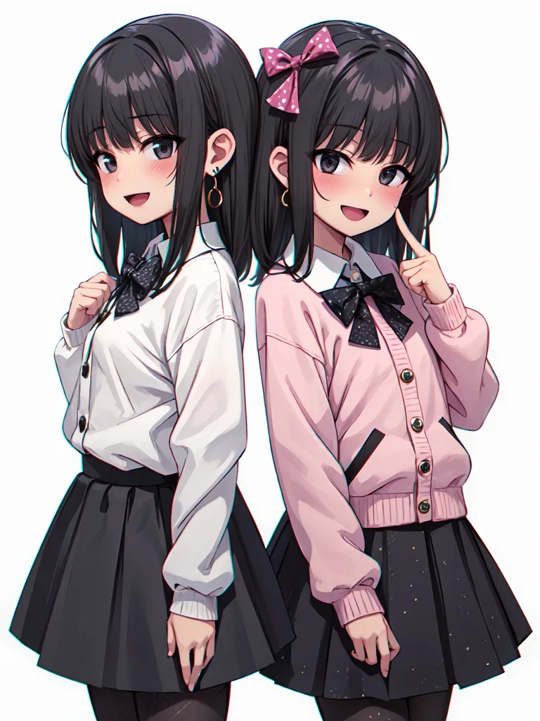 This image shows two cute anime girls with black hair. They are both wearing white blouses and black skirts. The girl on the left has a pink bow in her hair and a white cardigan sweater. The girl on the right has a pink bow in her hair and a pink cardigan sweater with black trim. They are both smiling and look happy.