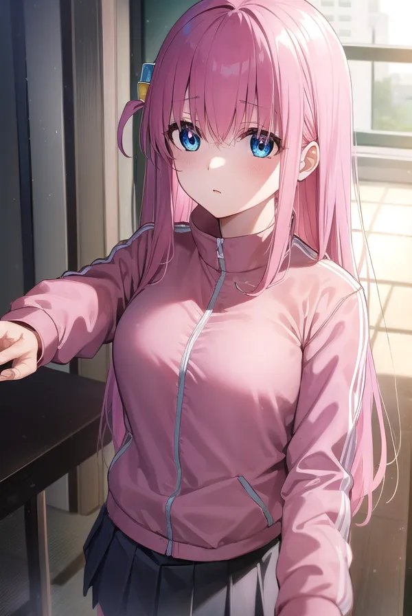 The image shows an anime girl with pink hair and blue eyes. She is wearing a pink tracksuit. She is standing in a room, and there is a window behind her.