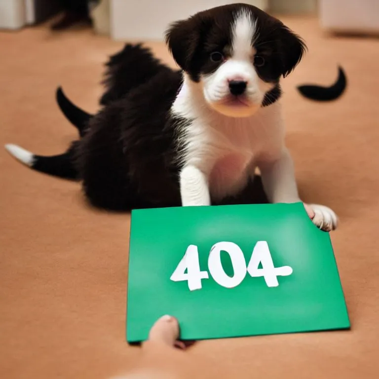 A cute puppy is holding a green card with the text \