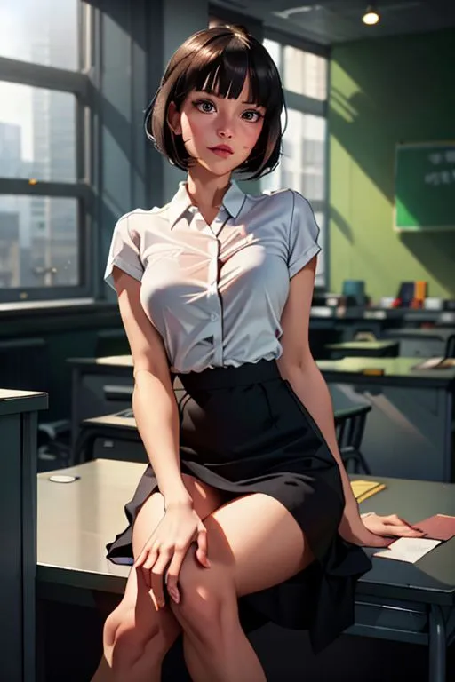 The image shows a young woman sitting on a desk in a classroom. She is wearing a white blouse and a black skirt. Her hair is short and dark. She is looking at the viewer with a serious expression.