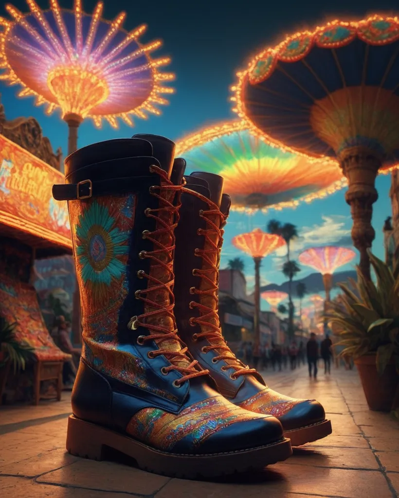 A pair of blue and brown boots with a floral pattern are sitting on a stone surface. The boots are unlaced and the tops are folded down. There is a street with a partial view of the sky in the background. The sky looks like it is either dusk or dawn. There are also some blurry palm trees and people walking in the background.