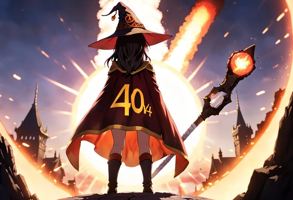 The image shows an anime girl standing on a cliff. She is wearing a witch's hat and a red cloak with the number 404 on the back. The background is a fiery orange color, with a large explosion in the distance. The girl is holding a staff in her right hand.