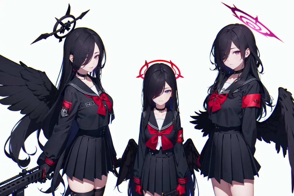 The image shows three anime-style girls with long black hair. They are all wearing black sailor-style outfits with red trim. The girl on the left has black wings and is holding a gun. The girl in the middle has grey wings. The girl on the right has dark red wings and is holding a scythe.