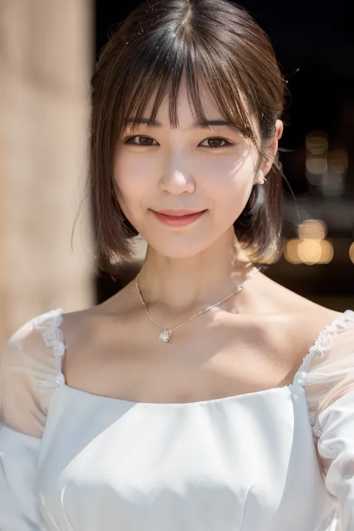 A young woman with short dark hair and bangs is smiling at the camera. She is wearing a white dress with a sweetheart neckline and sheer sleeves. The dress is fitted to her body and has a long train. She is wearing a necklace with a diamond pendant. Her hair is styled in a way that is popular in Japan, with the bangs cut straight across and the rest of the hair left long and straight.