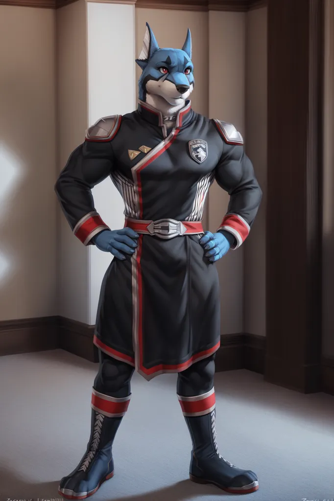 The image depicts a muscular, anthropomorphic wolf in a black uniform with red and white accents. The wolf has blue fur and yellow eyes and is standing in a powerful pose with his hands on his hips. He is wearing a black military-style uniform with a red sash and a white collar. The wolf's expression is serious and determined.