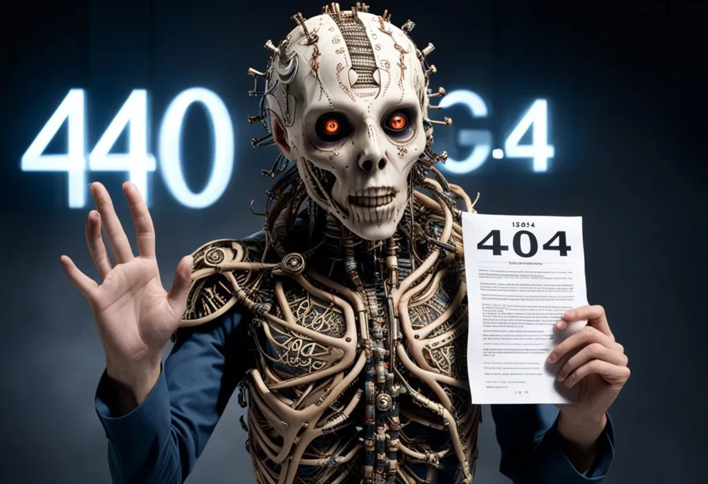 The image depicts a humanoid robot with a skull-like face and glowing red eyes. It is dressed in a suit and tie, and is holding a sign that says "404". The background is a dark blue, with the word "404" also written in the background. The image is likely a commentary on the rise of artificial intelligence and the potential for it to replace humans.