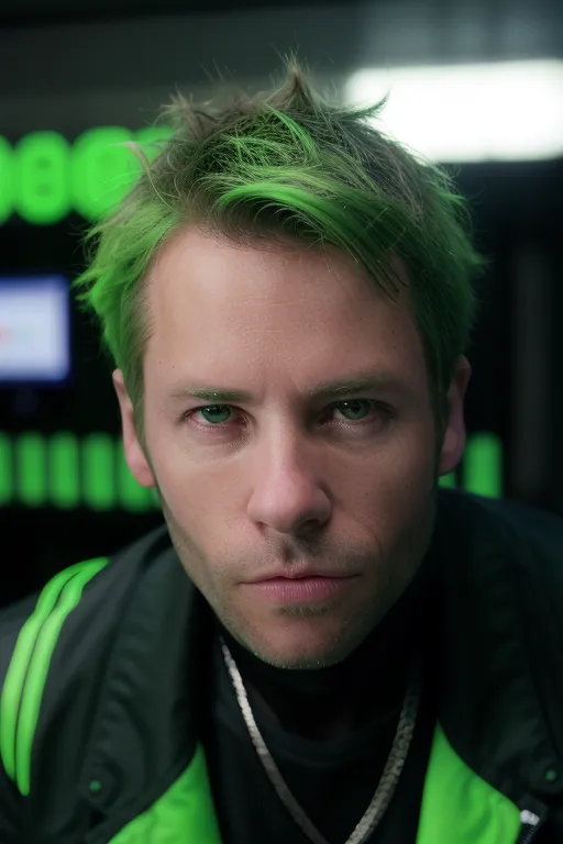 This is a picture of a man with green hair and green eyes. He is wearing a black turtleneck and a green jacket with white stripes on the sleeves. He has a serious expression on his face and is looking directly at the viewer. The background is blurred and is made up of vertical green lines.