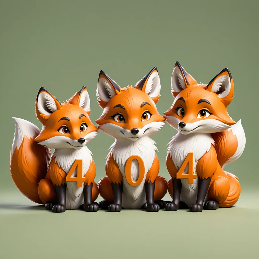 The image shows three cartoon foxes sitting side by side against a pale green background. The foxes are all the same size and shade of orange, with white bellies and paws. They have large, pointed ears and bushy tails. The middle fox has the number "0" on its chest, and the foxes on either side have the numbers "4" and "4" on their chests.