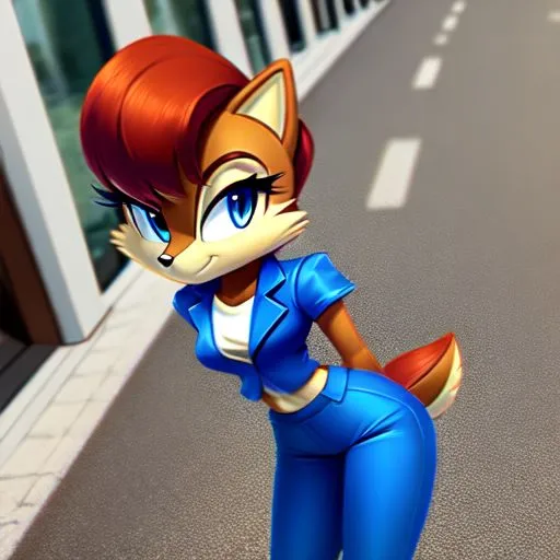 The image is of a cartoon squirrel with brown hair and blue eyes. She is wearing a blue jacket and jeans. She is standing on a city street with a building in the background.