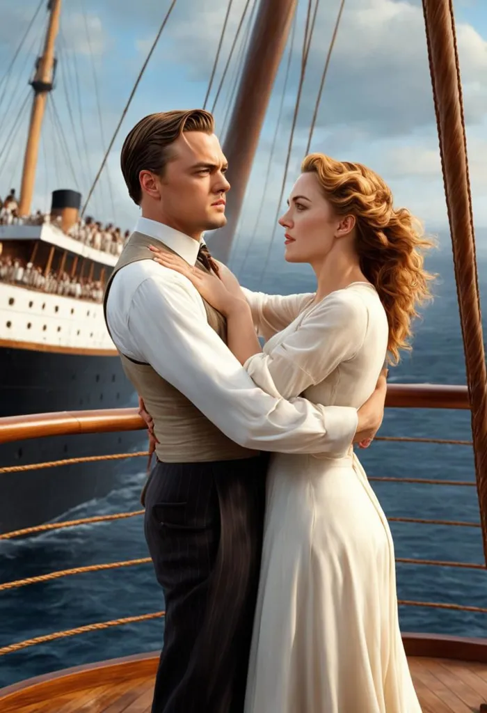 The picture shows a man and a woman standing on the deck of a large ship. The man is wearing a white shirt, a black vest, and a tie. The woman is wearing a white dress. They are standing close to each other and looking at each other. There is a large ship in the background. The sky is blue and there are some clouds in the sky.