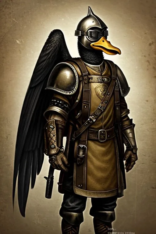 This image is of a duck wearing a suit of armor. The duck is wearing a helmet with goggles, a breastplate, and a pair of wings. It is also carrying a sword. The duck is standing in a confident pose, and it looks like it is ready for battle.