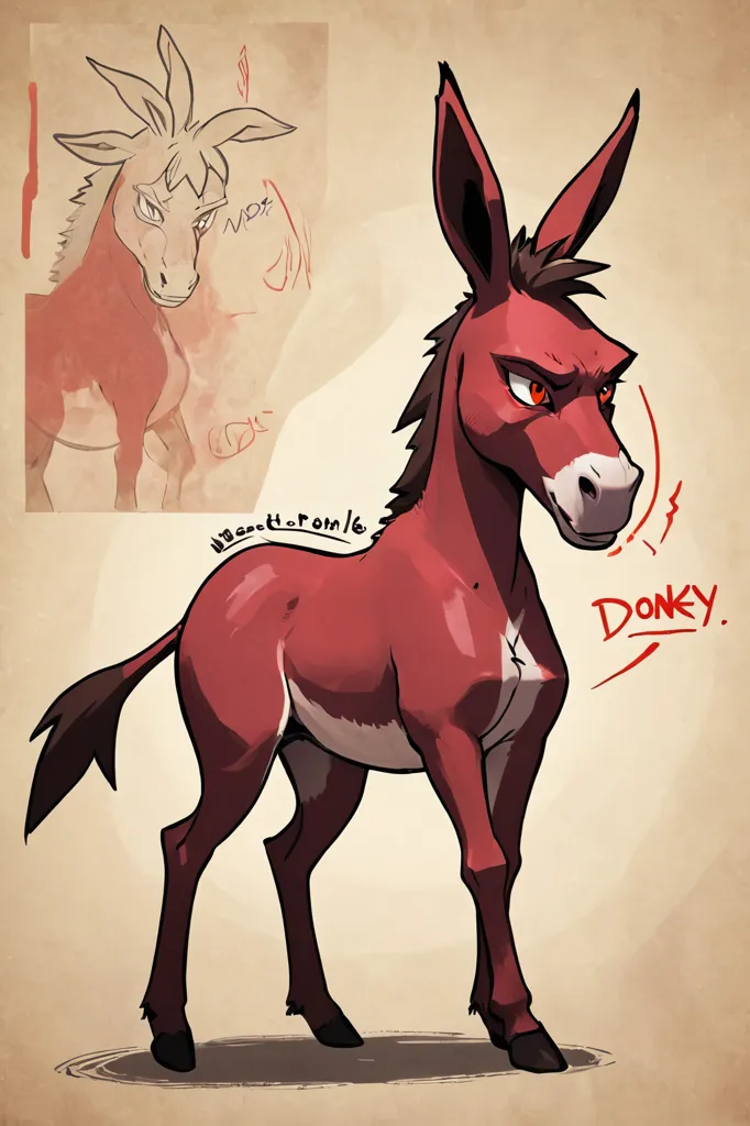 The image shows a red donkey with an irritated expression on its face. The donkey is standing with its front legs shoulder-width apart and its hind legs together. Its ears are perked up and its tail is swishing back and forth. In the top right corner of the image, there is a smaller, rougher sketch of the donkey.