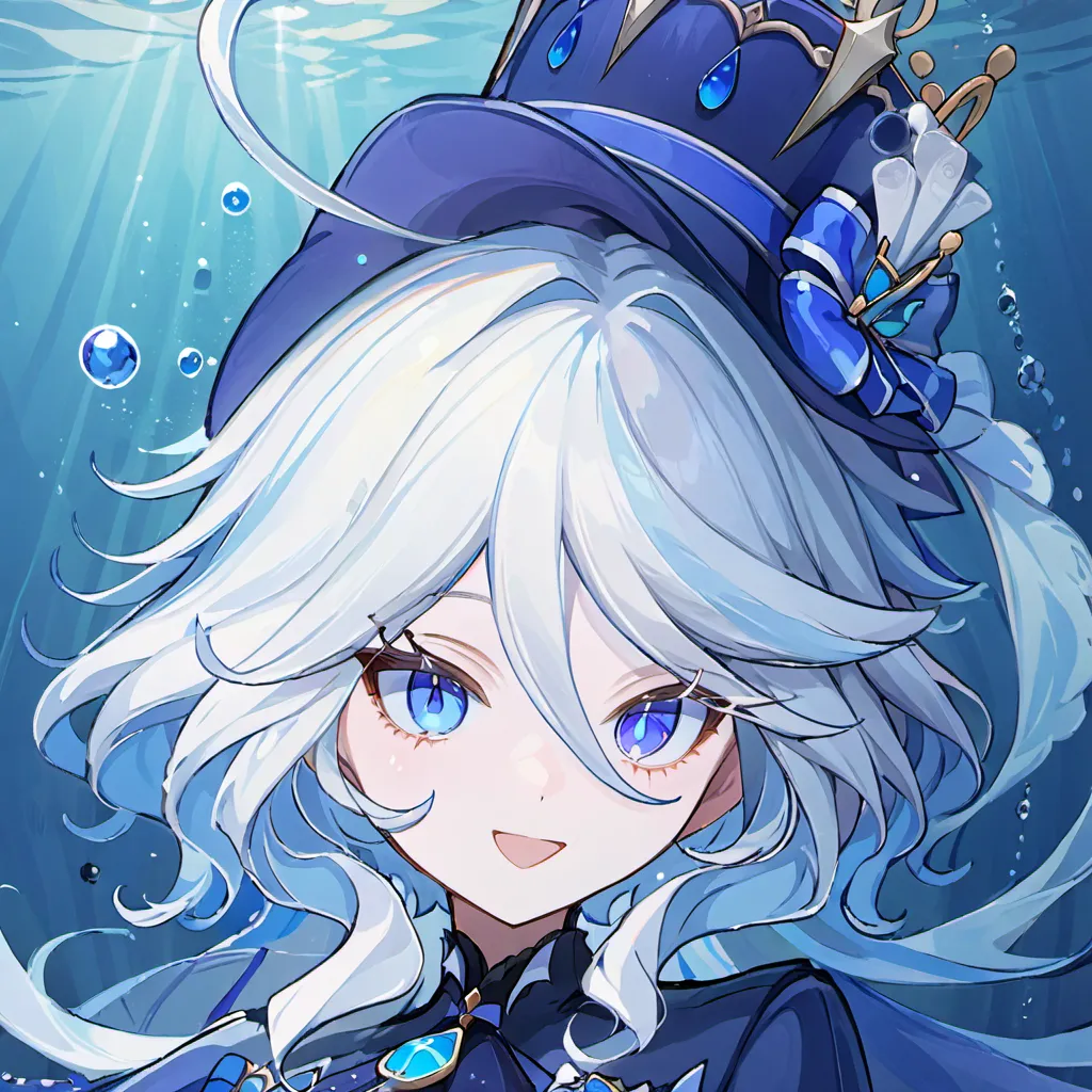 This is an image of a young girl with white hair and blue eyes. She is wearing a blue hat with a white feather and a blue dress with a white collar. She is standing in front of a blue background with bubbles floating around her. She has a gentle smile on her face.