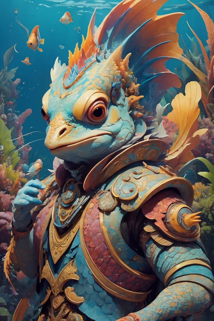 The image shows a humanoid frog creature with blue and orange skin. It is wearing golden armor and has a fish in its hand. The frog is standing in a coral reef with other fish swimming around it. The water is a deep blue color and the sun is shining through the water.