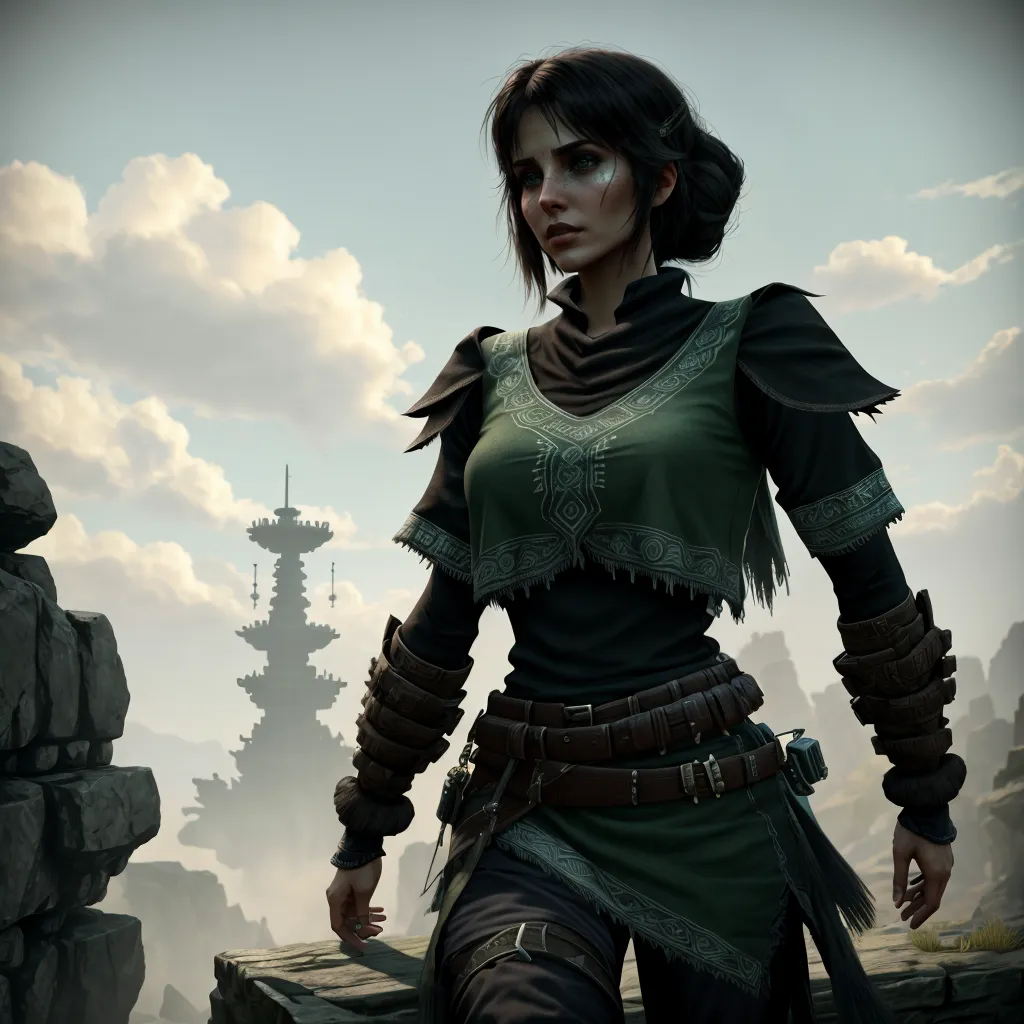 This is an image of a young woman standing on a rocky cliff. She is wearing a green and brown outfit and has a sword strapped to her back. She is looking down at something off camera. The background is a large, grey sky with a few clouds.