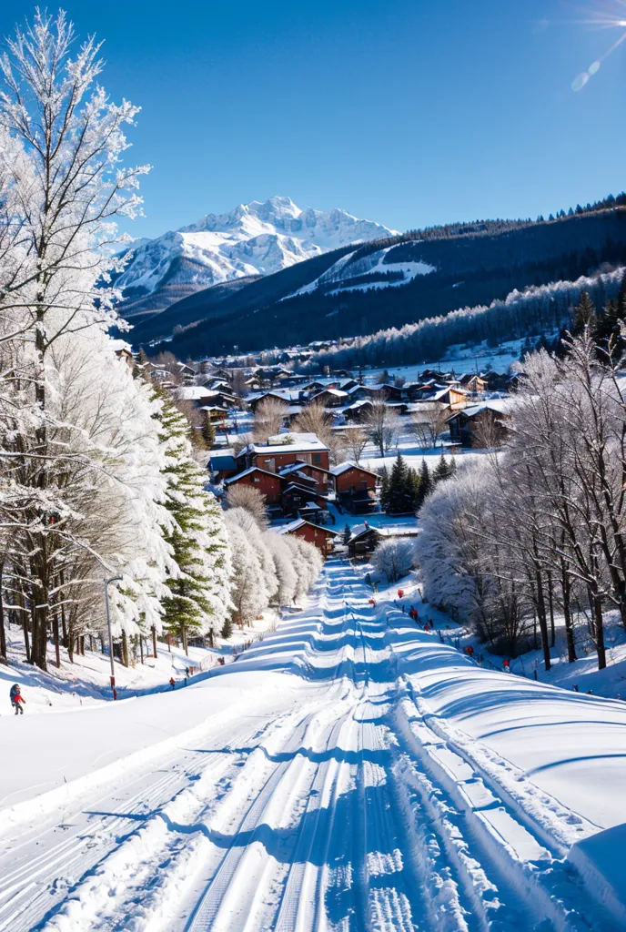 The image shows a beautiful winter landscape. There is a ski run going down through the middle of the image, and there are trees and houses on either side. The trees are covered in snow, and the houses have snow on their roofs. There is a mountain in the background. The sky is blue, and the sun is shining. The image is very peaceful and peaceful.