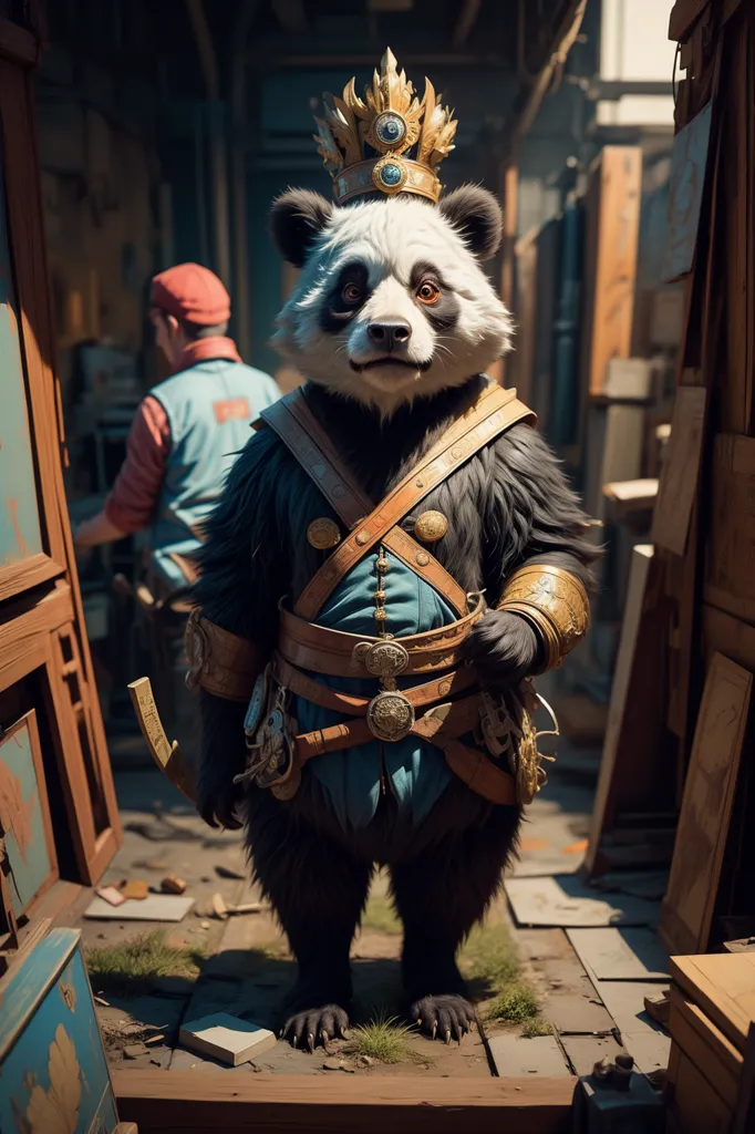 The image shows a anthropomorphic panda wearing a golden crown and blue and gold outfit. It is standing in a room with a human working in the background. The panda has a serious expression on its face and is looking at the viewer.