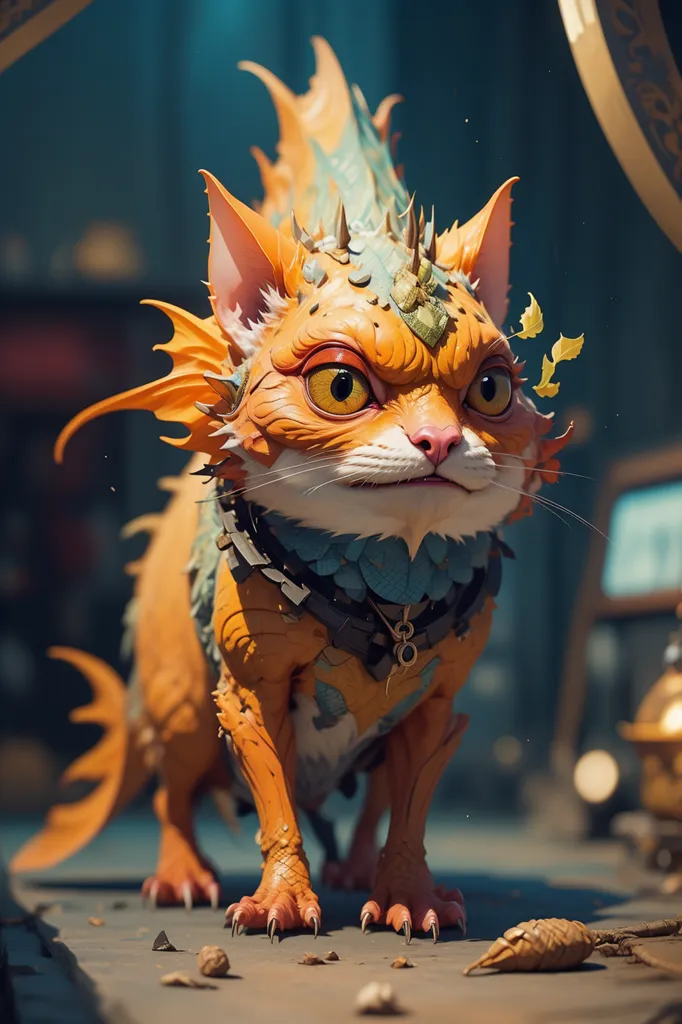 The image shows a cat-like creature with orange fur, blue-green stripes, and a spiky fin running down its back. It has large, pointed ears and sharp claws. It is wearing a collar with a golden bell and is standing on a wooden table. The background is blurry, but it looks like there is a building in the distance. The creature is looking at the viewer with an expression of curiosity.