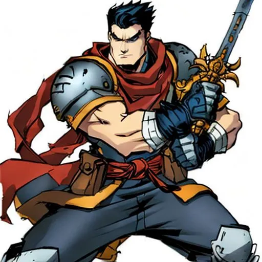 This is a picture of a man with a sword. He is standing in a fighting stance, ready to attack. He is wearing a red and blue outfit, and he has a determined look on his face. His sword is drawn, and he is ready to use it. The background is white, and there are no other objects in the image.