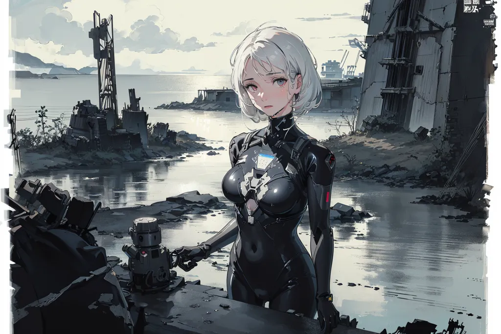 The image is a painting of a young woman standing in a ruined city. The woman is wearing a black bodysuit with a white collar. She has short white hair and red eyes. The city is in ruins, with broken buildings and debris everywhere. There is a large body of water in the background. The sky is cloudy and there is a hint of sunlight peeking through the clouds. The painting is done in a realistic style and the colors are muted. The overall tone of the painting is one of sadness and desolation.