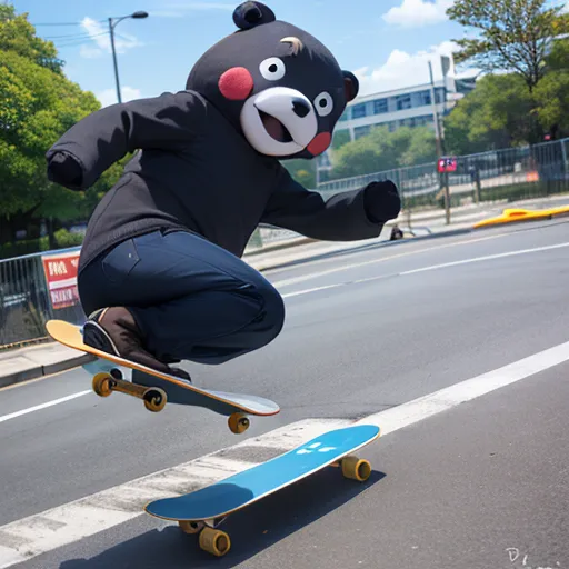 一个穿着黑色熊猫连体衣的男子正在城市街道上滑板。他的双脚各踩着一块滑板,正在跳跃起来。他还穿着一件黑色连帽衫和牛仔裤。熊猫连体衣上有一个红色圆圈在胸前,还有一个红色嘴巴。这个男子周围都是建筑物和树木。除了他和他的滑板,街道上空无一人。